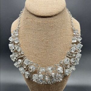 Silver Tone Crystal Dimensional “Cracked Ice” Statement Necklace | 16–19”